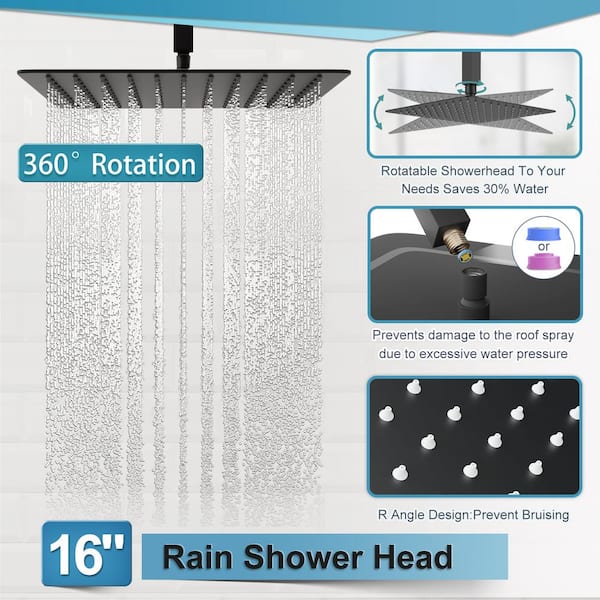 Single-Handle 2-Spray 16 in. Ceiling Mount Rainfall Shower Heads Brass Construction Hand Shower Faucet in Matte Black