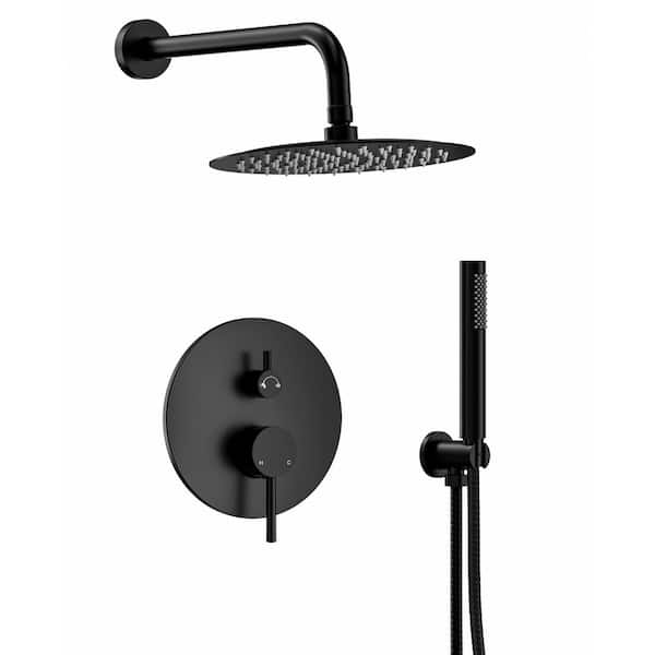 YAWWALK Single Handle 10 in. Round Wall Mount 2-Spray Shower Faucet with Pressure Balance Valve in Matte Black