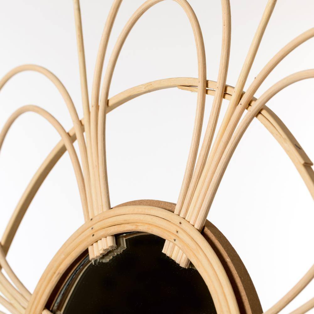 Flower Shape Woven Rattan Wood Round Sunburst Wall Mirror