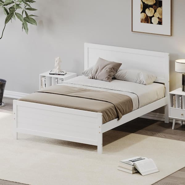 Harper & Bright Designs White Wood Frame Full Size Platform Bed with Slats, Extra Support Legs