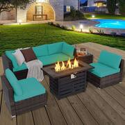 7-Pieces Patio Rattan Furniture Set 42 in. Fire Pit Table with Cover Cushioned Turquoise