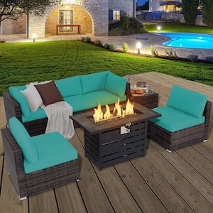 7-Pieces Patio Rattan Furniture Set 42 in. Fire Pit Table with Cover Cushioned Turquoise