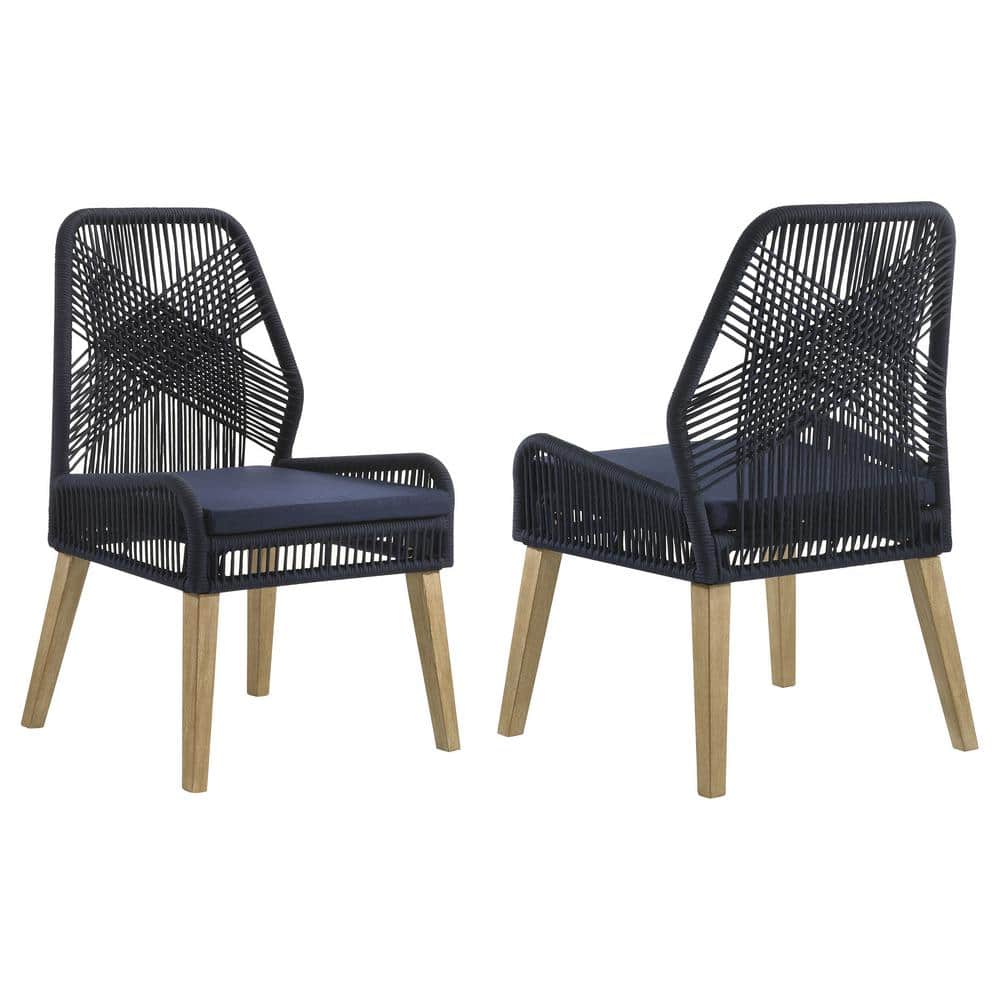 Navy Blue Woven Rope Upholstered Side Chair with Mahogany Legs