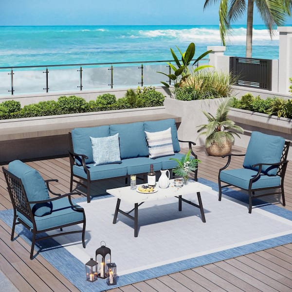 PHI VILLA Black 5 Seat 4-Piece Metal Steel Outdoor Patio Conversation Set with Denim Blue Cushions, Table with Marble Pattern Top