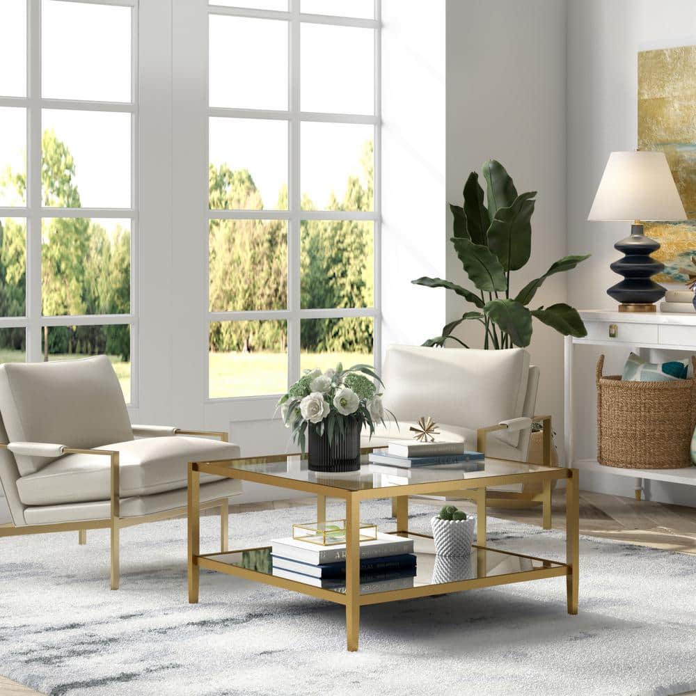 Hera Antique Brass 32" Square Coffee Table with Mirrored Shelf