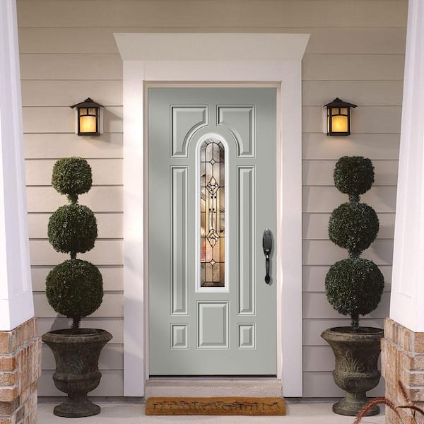 Providence Center Arch Primed Steel Prehung Front Door with Brickmold