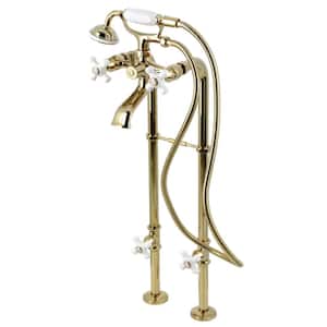 Kingston 3-Handle Freestanding Tub Faucet with Supply Line and Stop Valve in Polished Brass