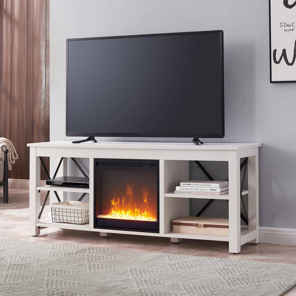 White Rectangular TV Stand with Crystal Fireplace Insert