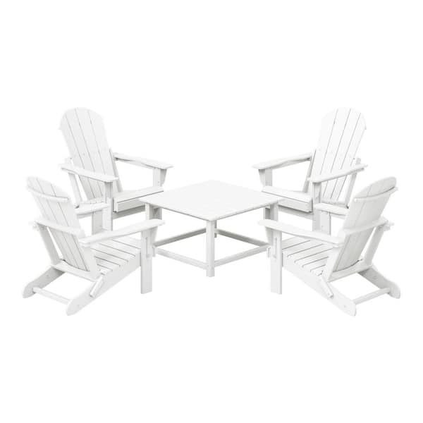 Laguna White Plastic Weather Resistant Adirondack Chair 5-Piece Outdoor Patio Conversation Set, Square Coffee Table