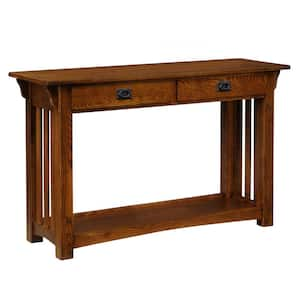 16 in. W Mission Impeccable 2-Drawer Hall Console Sofa Rectangle Table, Medium Oak, Wooden Top