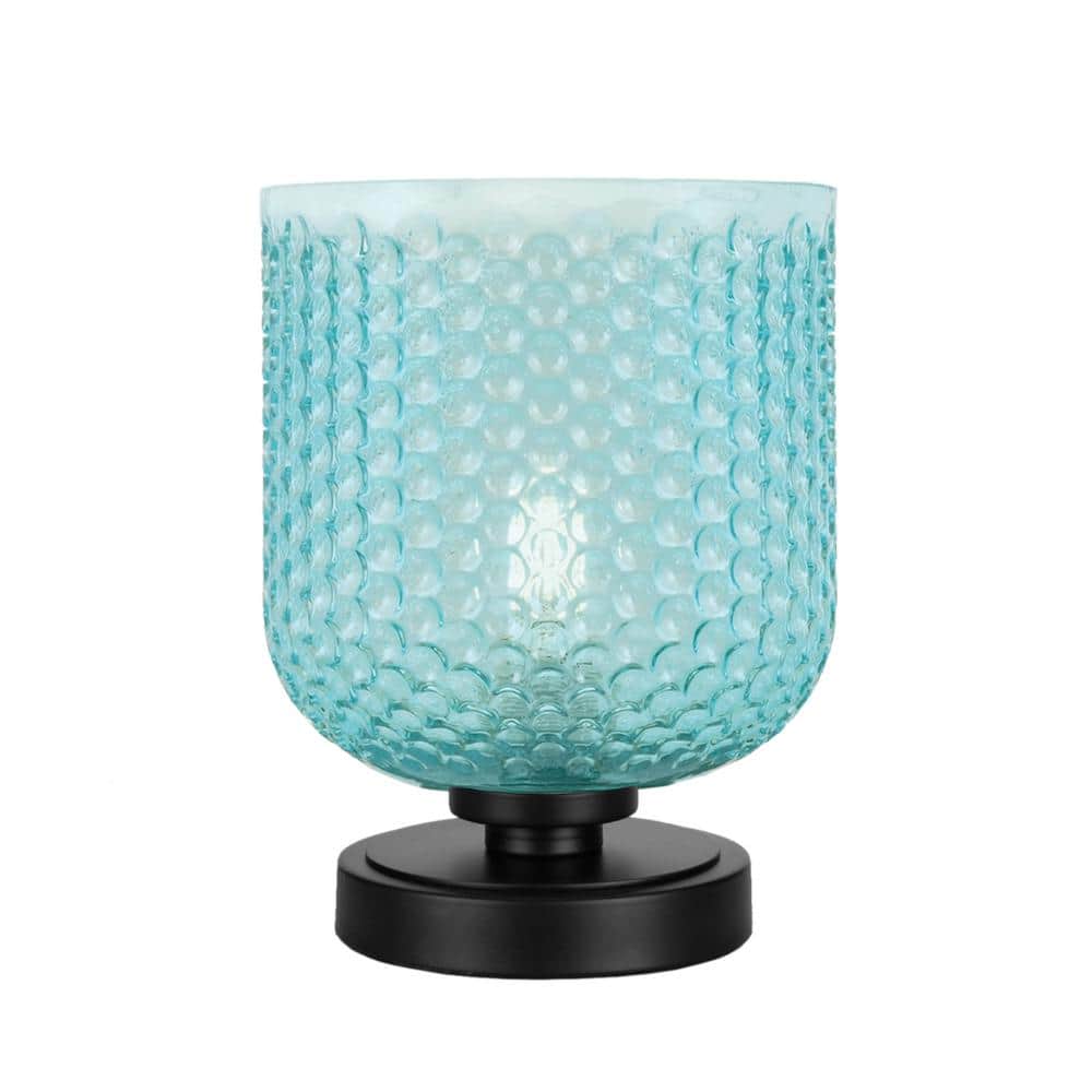 Quincy 7 in. Matte Black Bedside Accent Lamp with 7 Turquoise Textured G