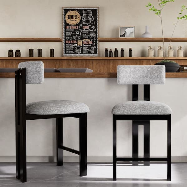 38 in. H Black and Gray Polyester Upholstered Metal Frame Bar Stool Set of 2 with Curved Back, Crossbar