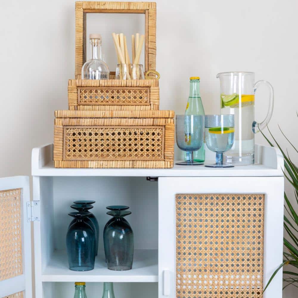 Natural Woven Rattan and Wood Lidded Display Boxes with Glass Lids, Set of 2