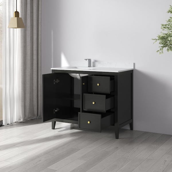 Fluctus 42 in. W x 22 in. D x 35 in. H Single Sink Freestanding Bath Vanity in Black Oak w/Calacatta Cultured Marble Top