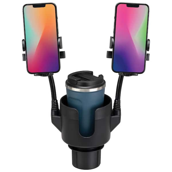 Handsfree Dual Mobile Phone Cup Holder, Adjustable Height, Holds Vertically and Horizontally, Anti-Slip Grip, Black