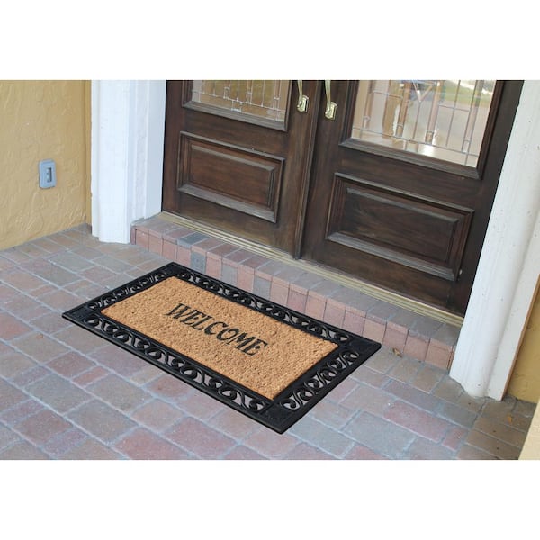 A1HC Welcome Mat Black/Beige 23 in. x 38 in. Rubber and Coir Heavy Duty, Non-Slip Extra Large Double Door Mat