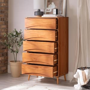 Mid-Century Modern Caramel 5-Drawer 30 in. Chest of Drawers with Curved Detailing