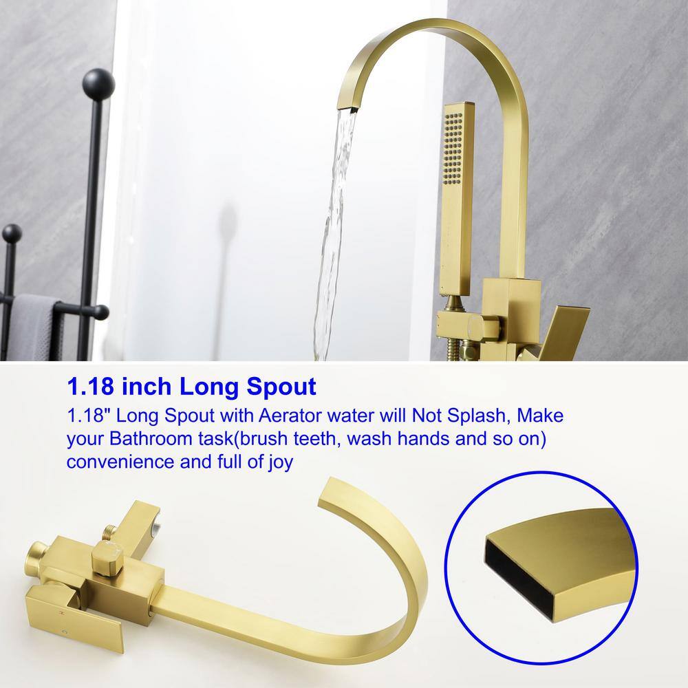Brushed Gold Brass Waterfall Floor Mount Freestanding Tub Faucet