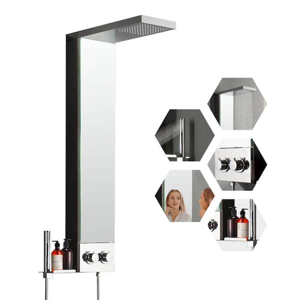 BWE Rainfall Glass Shower Panel System with Waterfall Shower Head and Shower Wand Mirrored Finish in Polished Chrome