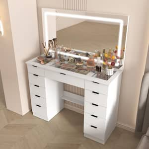 White Makeup Vanity Desk 11-Drawers Wood Dressing Table with Big Lighted Mirror, Glass Top