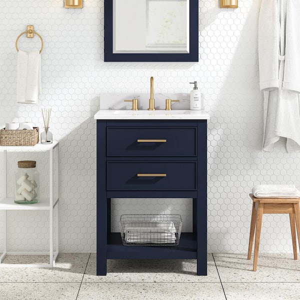 Avanity Brooks 25 in. Single Sink Navy Blue Bath Vanity with Cala White Engineered Stone Top
