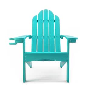 Classic Aruba Blue Plastic All-Weather Weather Resistant with Cup Holder Outdoor Patio Adirondack Chair