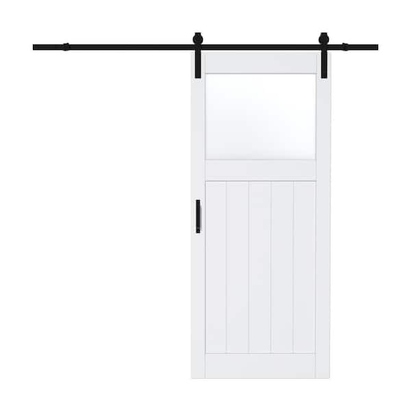 ARK DESIGN 36 in. x 84 in. Half Lite Tempered Frosted Glass White Finished MDF Sliding Barn Door with Hardware Kit