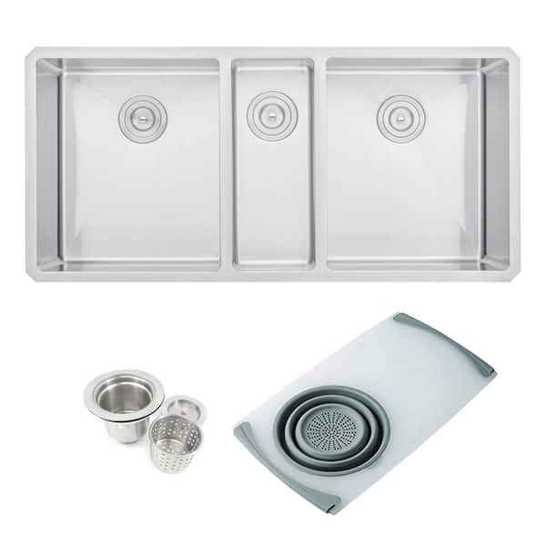 eModernDecor Undermount 16-Gauge Stainless Steel 42 in. x 20 in. x 10 in. Triple Bowl Kitchen Sink with Colander and Strainer Combo