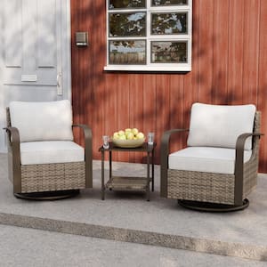 3-Piece Wicker Outdoor Rocking Chair Patio Conversation Set Swivel Chairs with Beige Cushions and Side Table