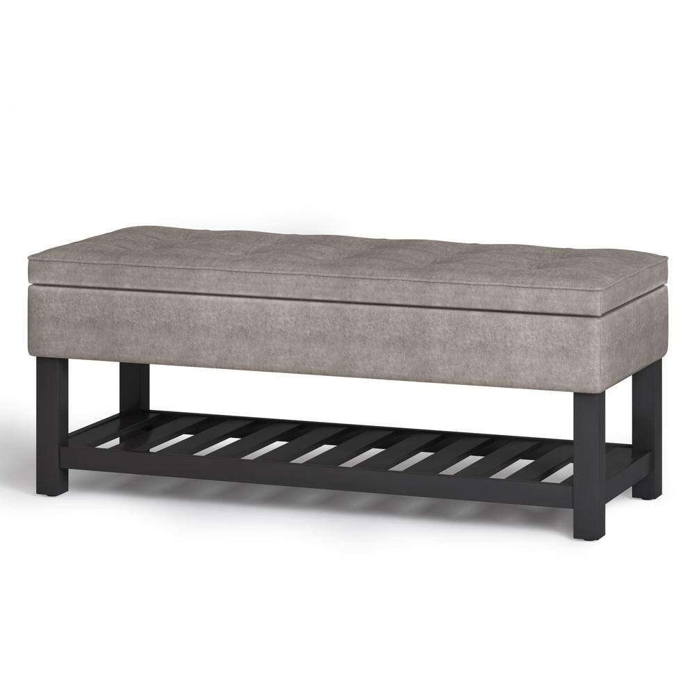 Gray Taupe Faux Leather Storage Ottoman Bench with Open Shelf