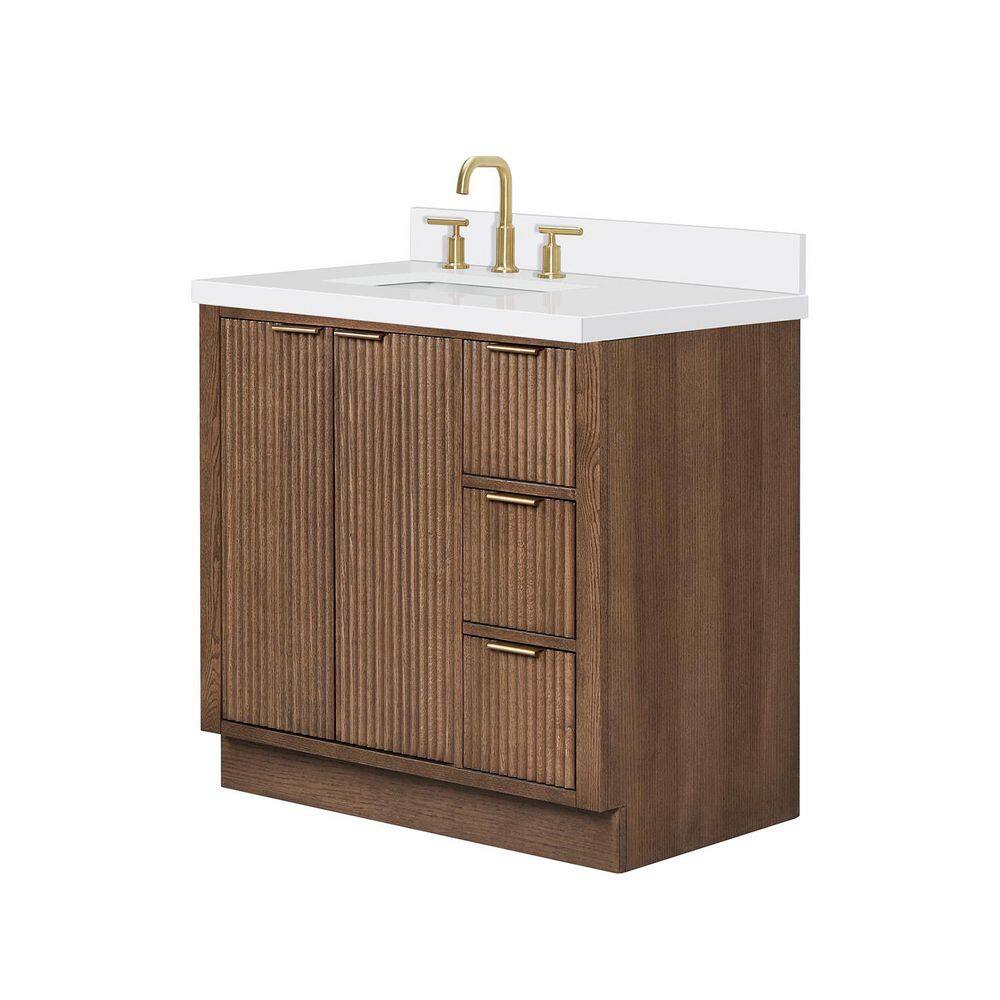 Milan 36 in. Single Sink Freestanding Bath Vanity in Brown Oak with Pure White Quartz Top price history on PriceWatchPro