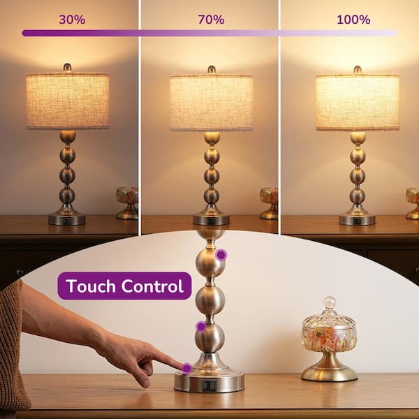 23.4 in. Silver Touch Control 3-Way Table Lamp with Dual USB Ports, 9-Watt LED Bulb Included