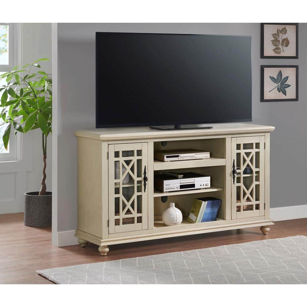 Parisian Antique White 63" Pine & Glass Elegant TV Stand with Cabinet