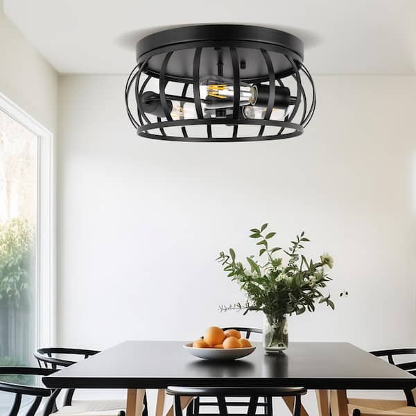 13 in. 3-Light Matte Black Flush Mount with Caged Drum Shade