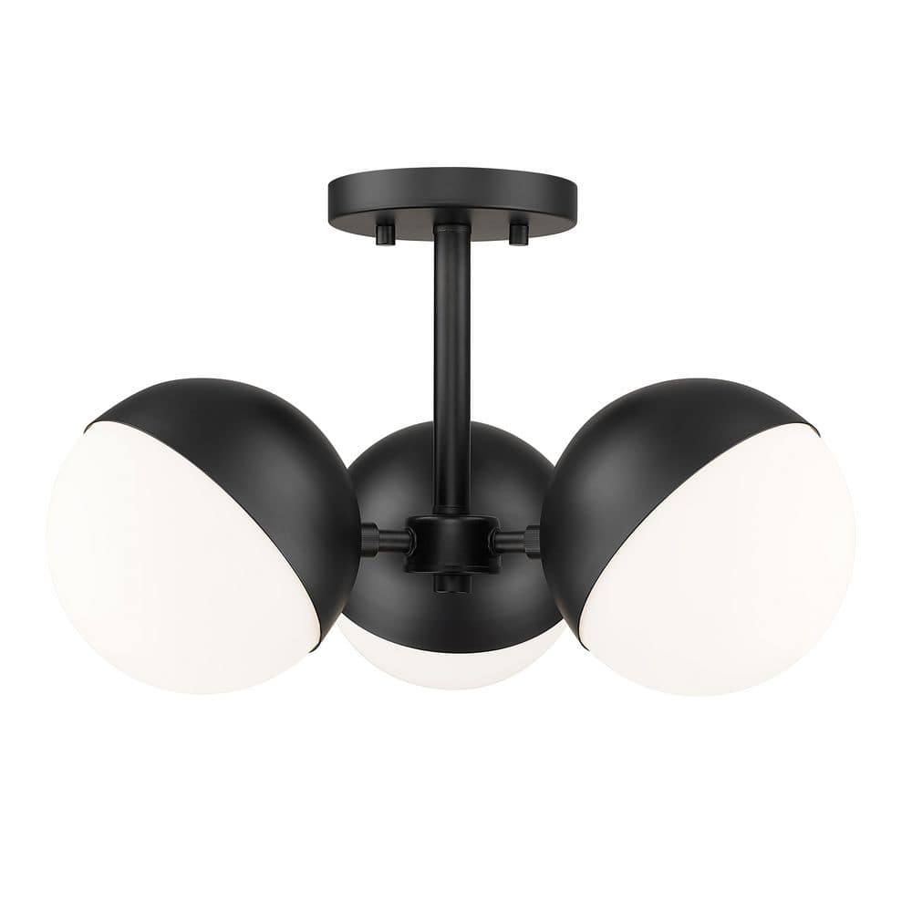 Realm Sphere 17.25 in. Matte Black 3 Light Semi Flush Mount with Matte Opal