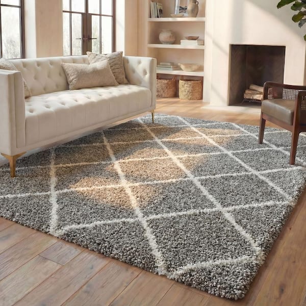 Hudson Shag Gray/Ivory 9 ft. x 12 ft. Geometric Diamonds Area Rug
