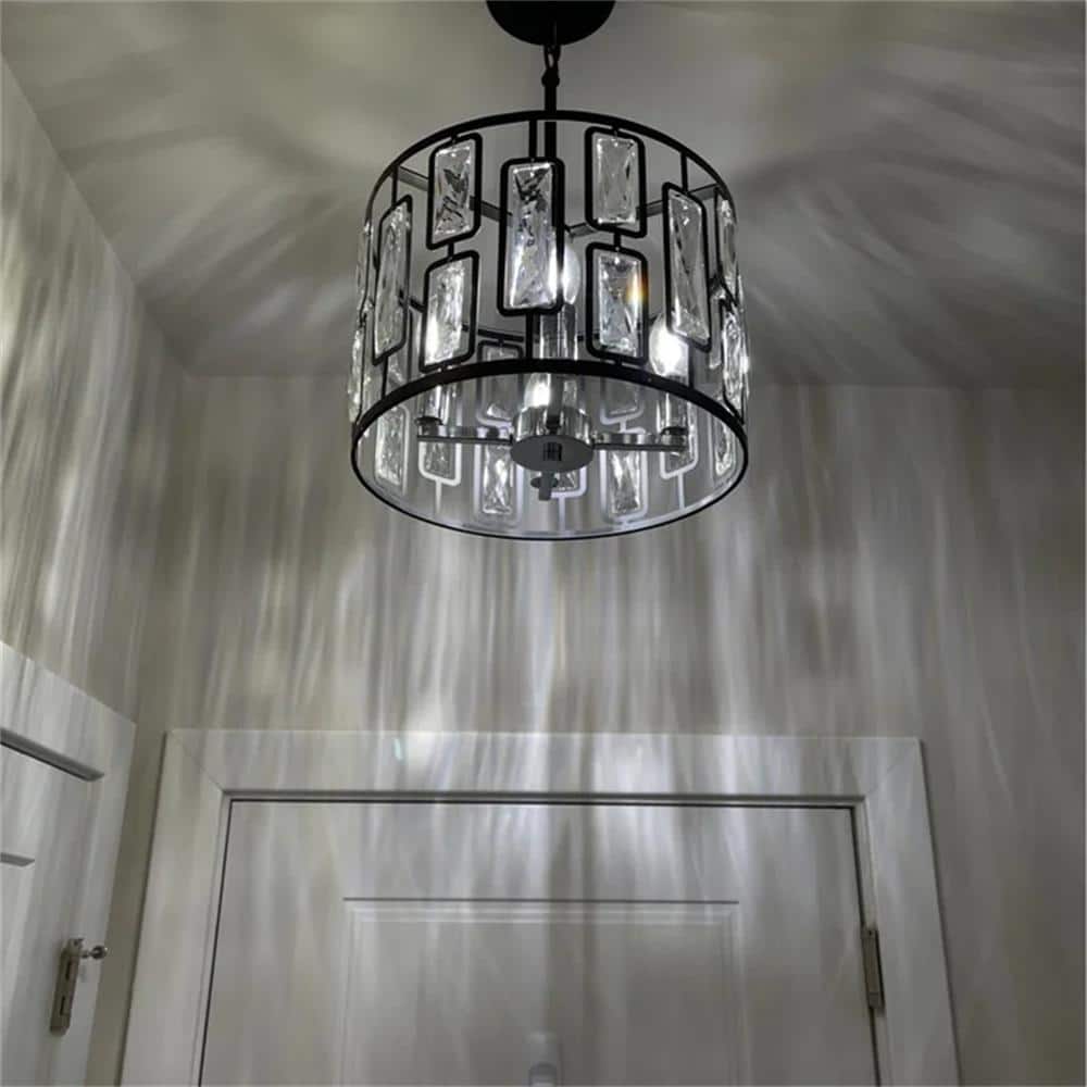 Matte Black Drum Pendant Light with Clear Crystals