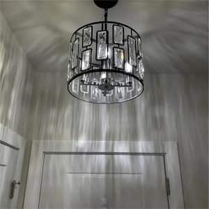 4-Light Black Drum Pendant Light with Clear Crystals