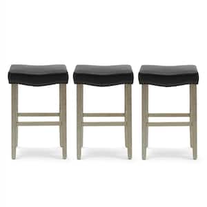 Jameson 29 in. Bar Height Antique Gray Wood Backless Nail Head Barstool with Black Faux Leather Saddle Seat (Set of 3)