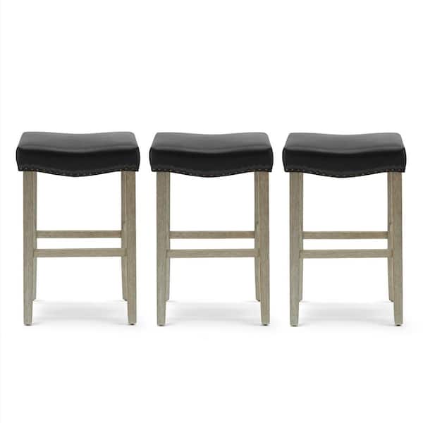 Jameson 29 in. Bar Height Antique Gray Wood Backless Nail Head Barstool with Black Faux Leather Saddle Seat (Set of 3)