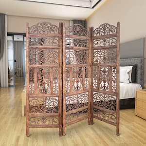 Handcrafted Brown 3-Panel Mango Wood Screen with Cut-Out Filigree Carvings