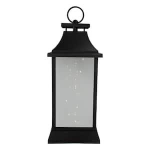 16 in. Black LED Lighted Battery Operated Lantern Warm White Flickering Light