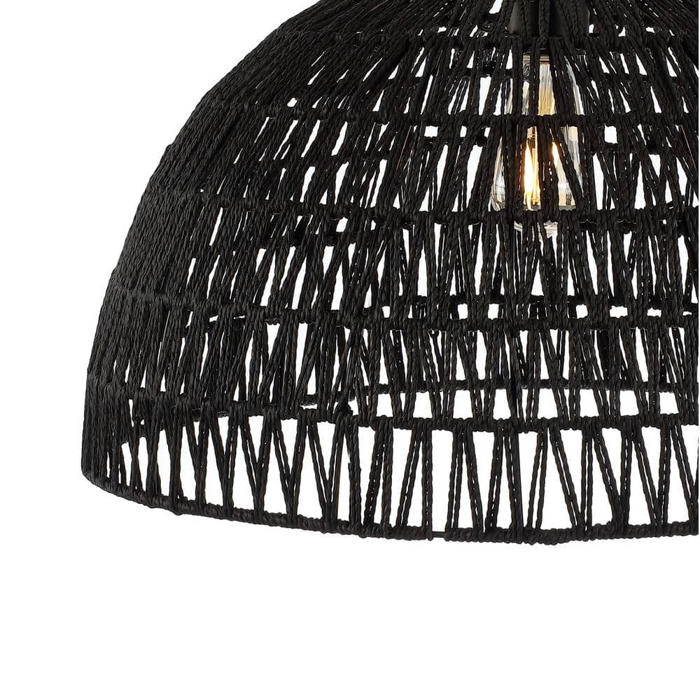 Bohemian Black Woven Rattan & Iron LED Dome Pendant 20"