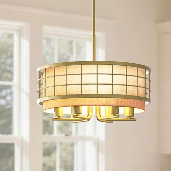 20 in. 6-Light Gold Farmhouse Chandelier Pendant Light with White Linen Shade, Adjustable Hanging Light for Dining Room