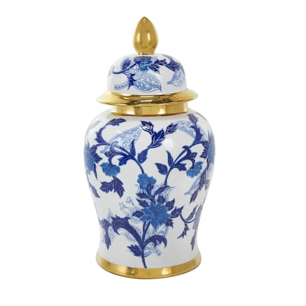 Litton Lane 17 in. Blue Ceramic Floral Decorative Jars