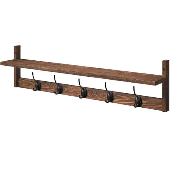 Unbranded 28.9 in. W x 4.52 in. D Brown Hanging Shelf With 5 Hooks Decorative Wall Shelf