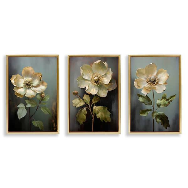 Stupell Industries Detailed Magnolia Flowers by Petal Prints Design 3 Pieces Gold Floater Frame Nature Graphic Art Print 25 in. x 17 in.