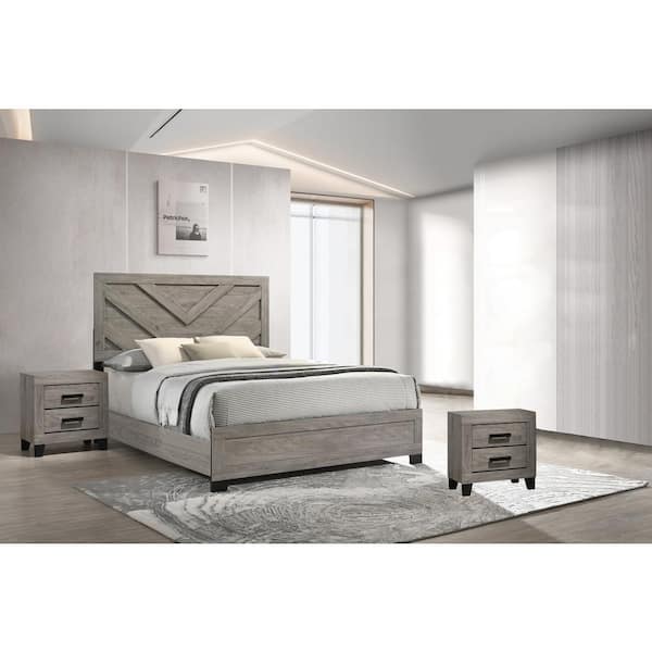 Best Quality Furniture Ararat 3-Piece Light Grey Color Wood Frame Full Size Panel Bedroom Set with 2-Nightstands