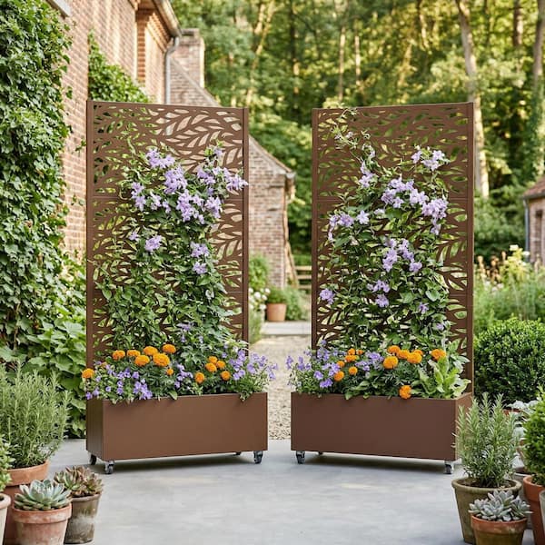 Lirago 72 in. H x 35 in. W Brown Metal Raised Planter Box with Trellis ...