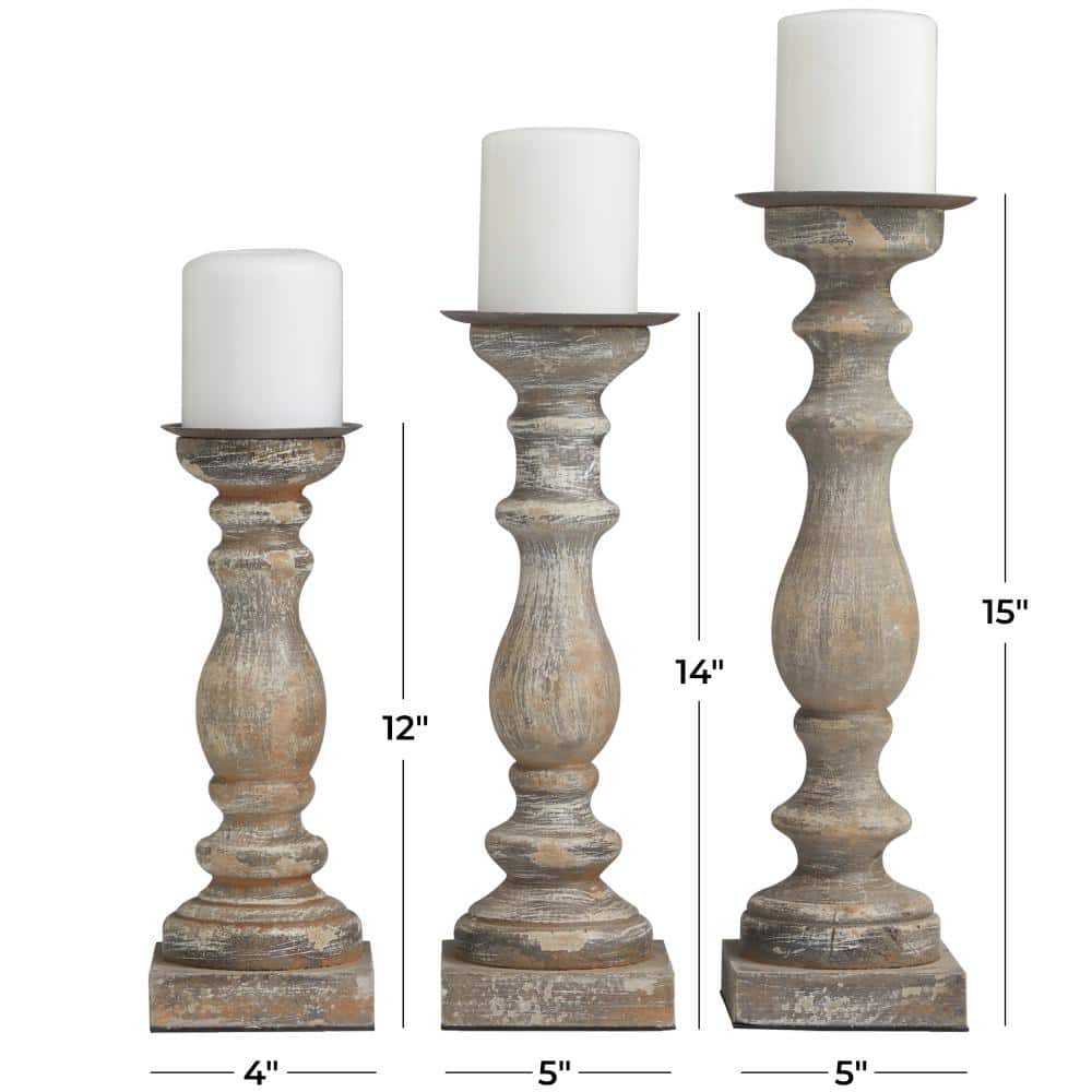 Elegant Rustic Brown Wooden Candlestick Trio, 15" Height